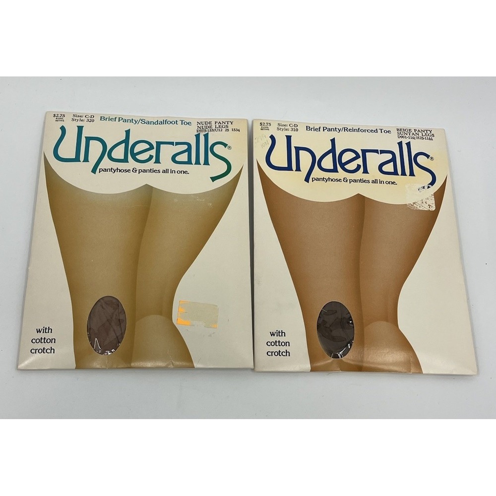 Vintage 2 Pair Underalls Pantyhose Size CD Suntan Nude Cotton Crotch Nylon Legs